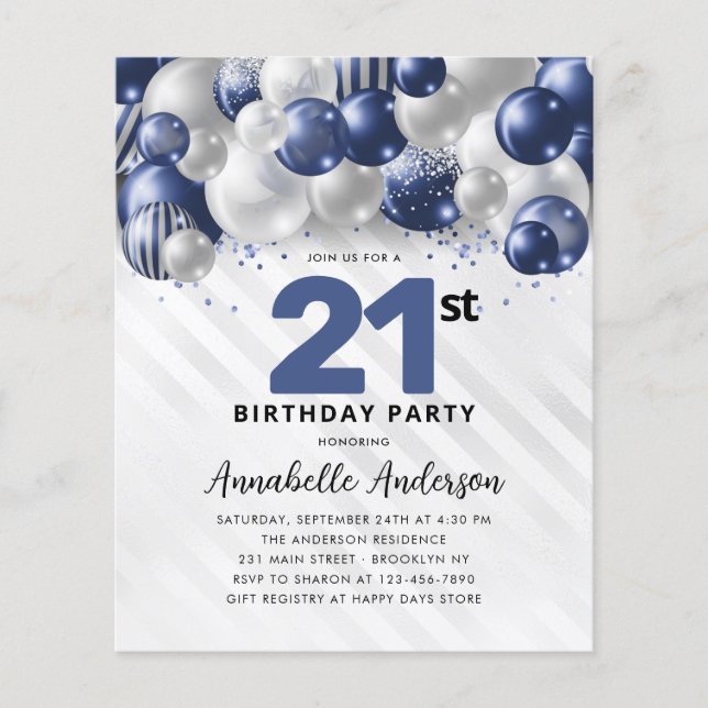 Budget Blue Silver Balloon Glitter 21st Birthday (Front)