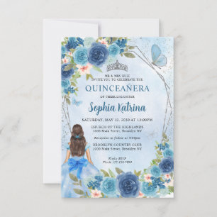 Budget Blue Silver Floral Princess Quinceañera Card