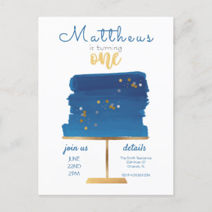 Budget Blue, Silver & Gold First Birthday Postcard