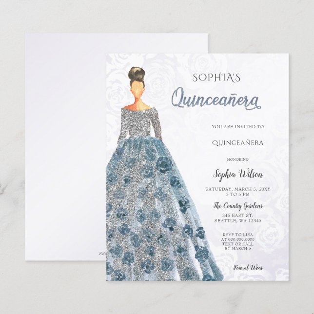 Budget Blue Sparkle Dress Quinceanera  Invitation (Front/Back)