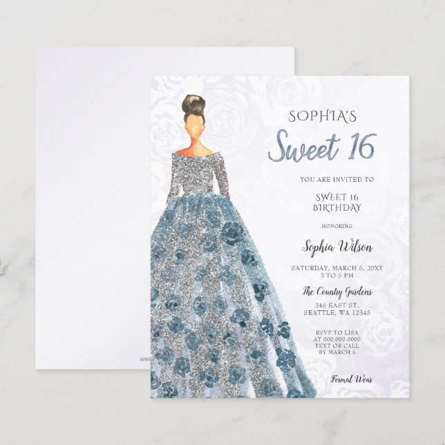 Budget Blue Sparkle Dress Sweet 16 Invitation (Front/Back)
