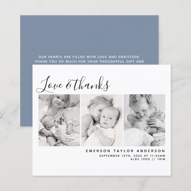 BUDGET Blue Three Photos New Baby Thank You Card (Front/Back)