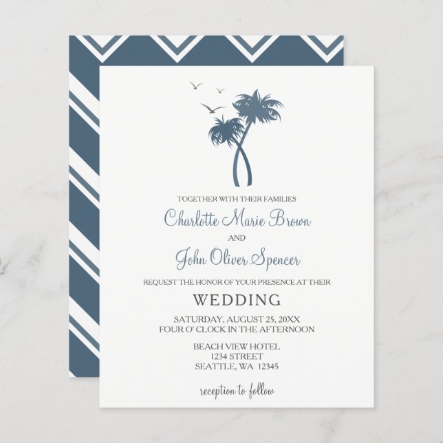 Budget Blue Tropical Palm Tree Wedding Invitations (Front/Back)