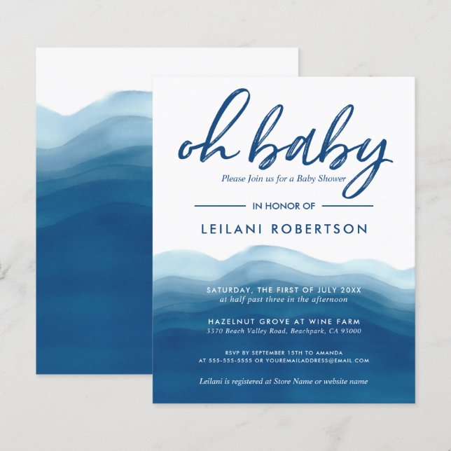 Budget Blue Watercolor Baby Boy Shower Invitation (Front/Back)
