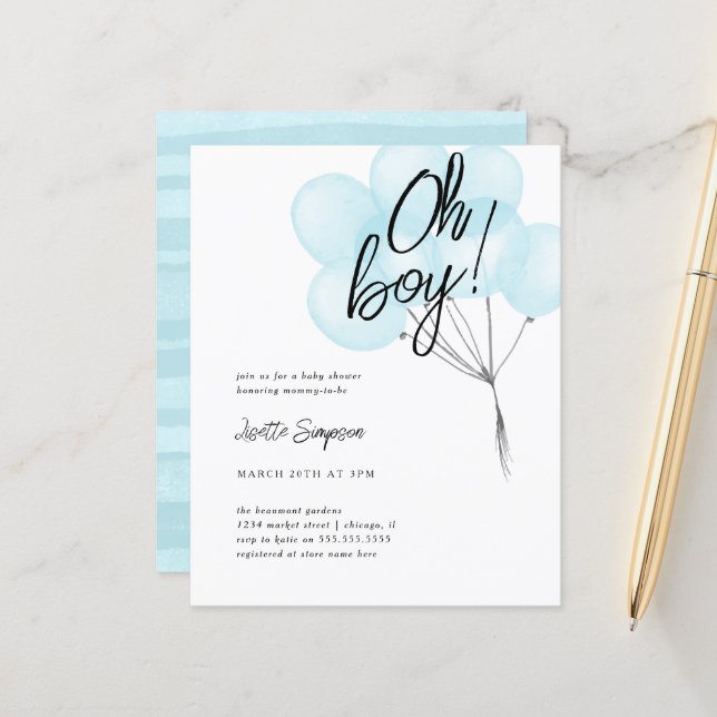 Budget Blue Watercolor Balloons Oh Boy Baby Shower (Front/Back In Situ)