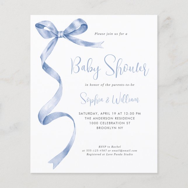 Budget Blue Watercolor Bow Ribbon Boy Baby Shower (Front)