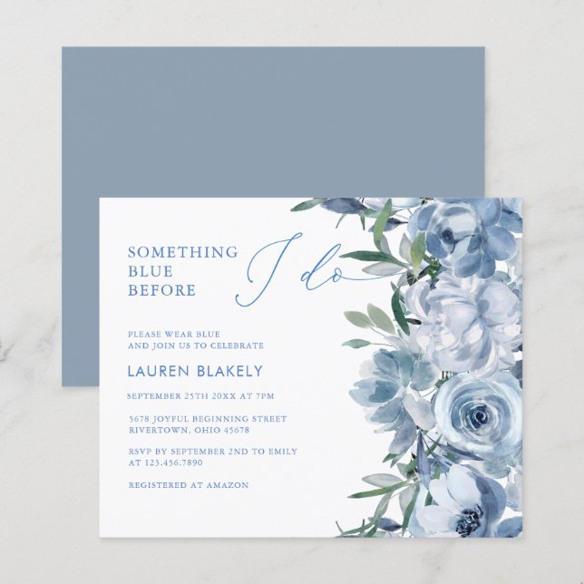 Budget Blue Watercolor Floral Bridal Shower Invite (Front/Back)