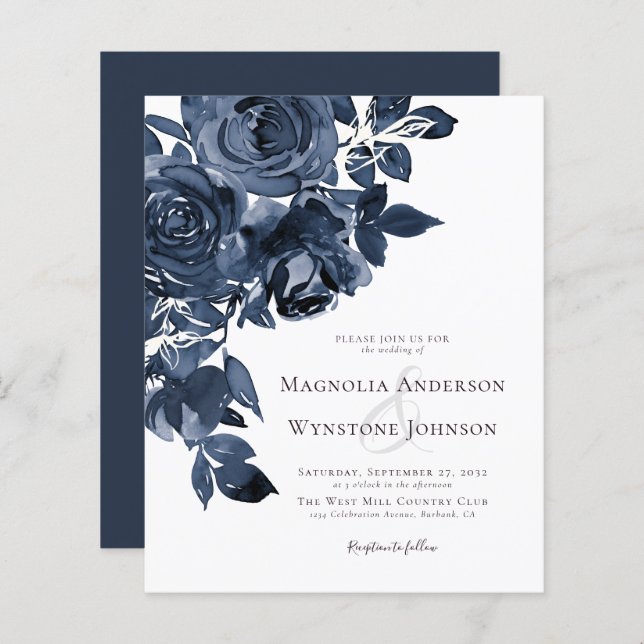 Budget Blue Watercolor Floral Wedding Invitation (Front/Back)