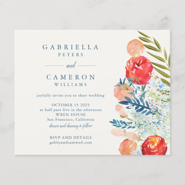 Budget Blue Watercolor Florals Boho Wedding Invite (Front)