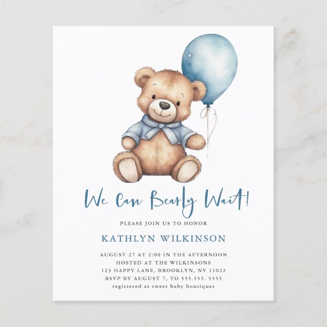 BUDGET Blue We Can Bearly Wait Boy Baby Shower Flyer (Front)