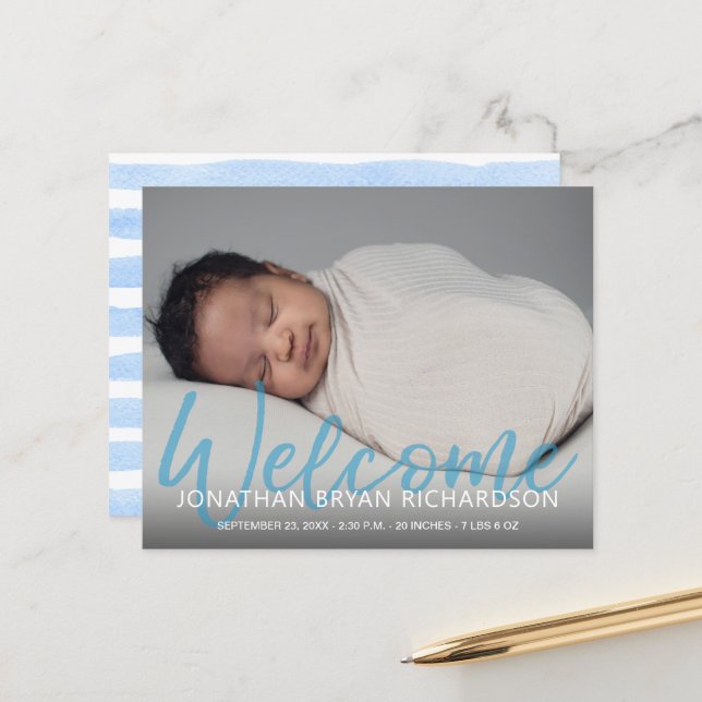 Budget Blue Welcome 1 Photo Baby Announcement (Front/Back In Situ)