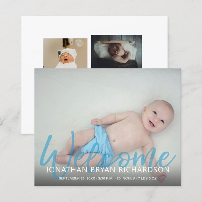 Budget Blue Welcome Multi Photo Baby Announcement (Front/Back)