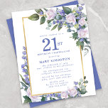 Budget Blue White Floral 21st Birthday Invitation<br><div class="desc">Pretty watercolor white roses and blue flowers are nestled in dark green leaves on a gold frame.</div>