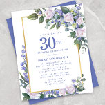 Budget Blue White Floral 30th Birthday Invitation<br><div class="desc">Pretty watercolor white roses and blue flowers are nestled in dark green leaves on a gold frame.</div>