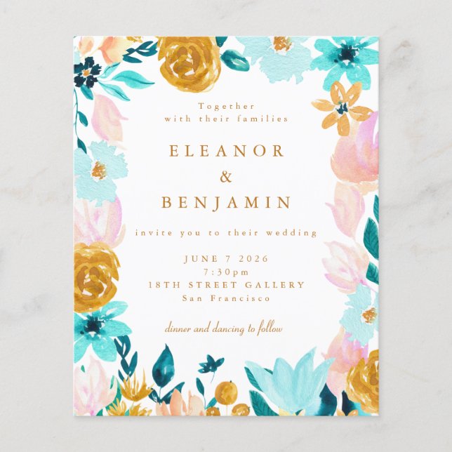 Budget Blue Yellow Floral Wedding Invitation (Front)
