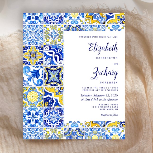 Budget Blue Yellow Portuguese Tile Wedding Invite (Creator Uploaded)