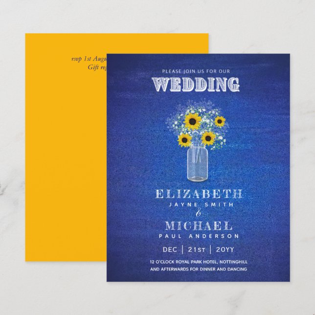 BUDGET Blue Yellow Sunflowers Wedding Invite (Front/Back)