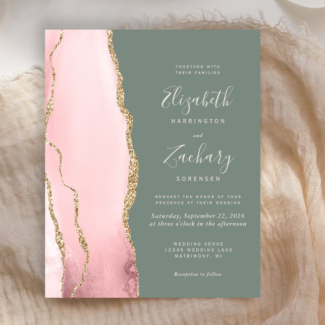 Budget Blush Agate Sage Green Wedding Invitation (Creator Uploaded)
