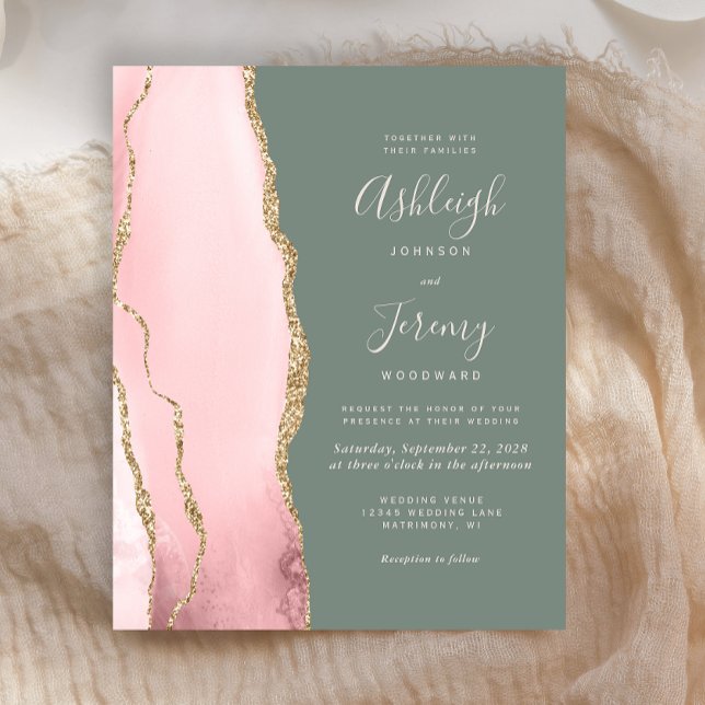 Budget Blush Agate Sage Green Wedding Invitation (Creator Uploaded)