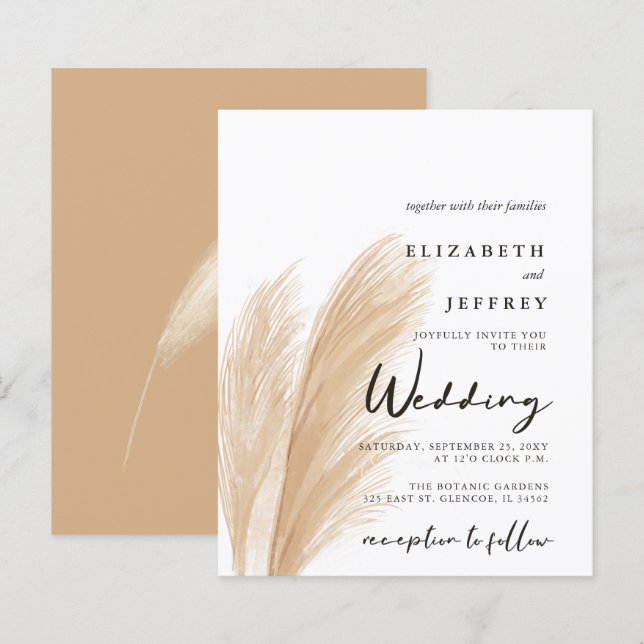 Budget Blush Boho Pampas Wedding Invitation (Front/Back)