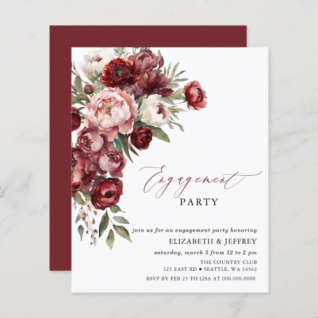 Budget Blush Burgundy Engagement Party Invitations (Front/Back)