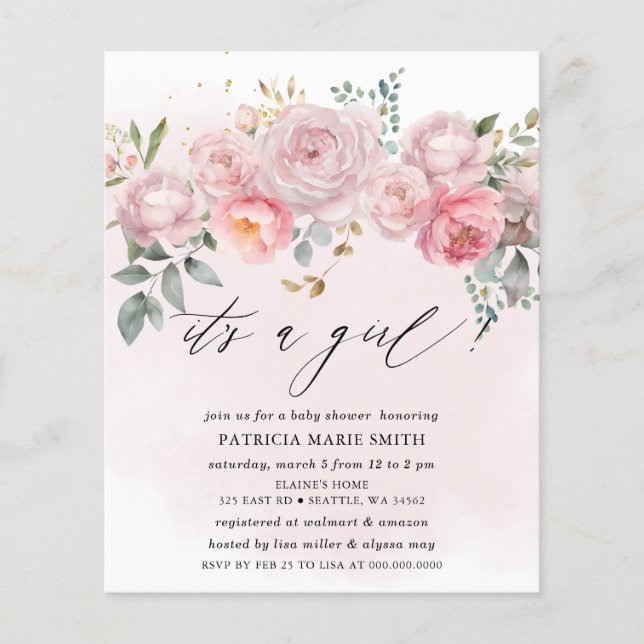 Budget Blush Floral Baby Shower Invitation (Front)