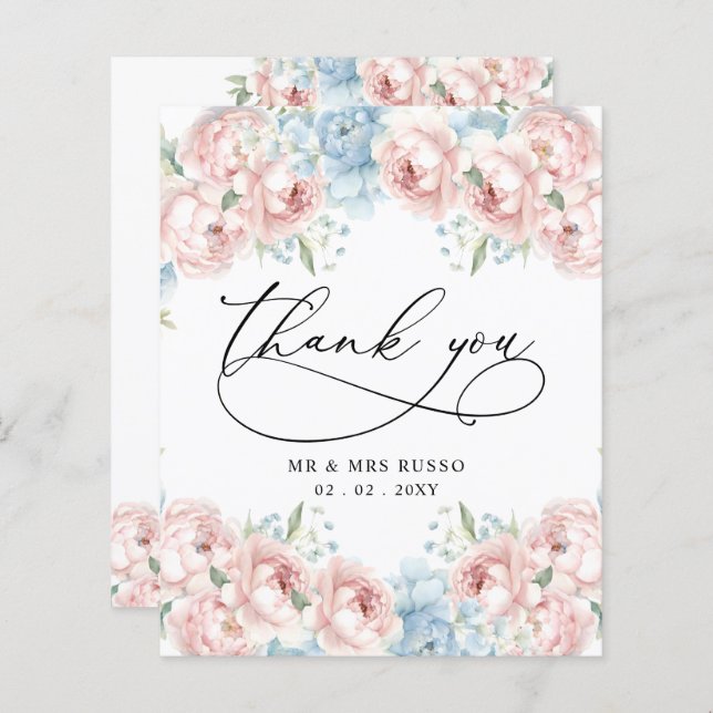 Budget Blush Floral Wedding Thank You Card (Front/Back)
