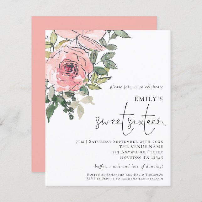 Budget Blush Florals Sweet 16 Invitation (Front/Back)