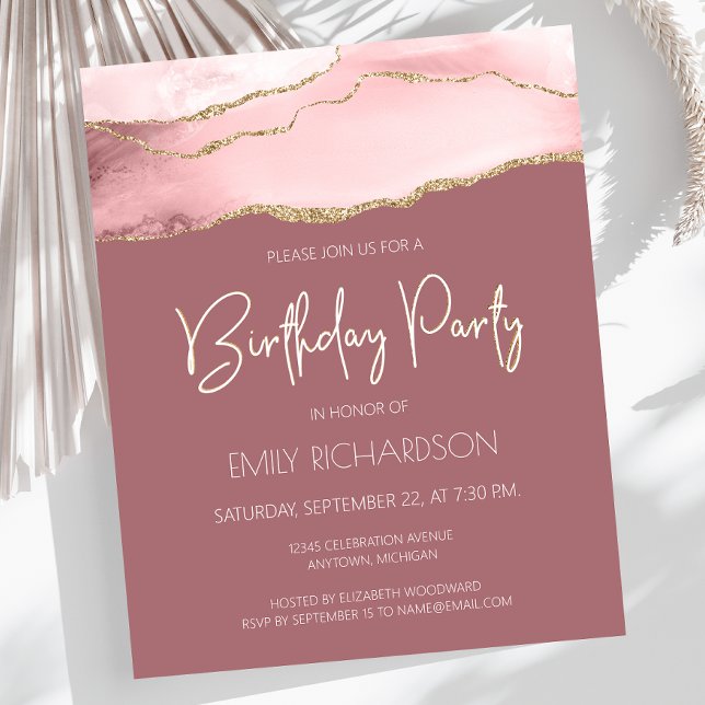 Budget Blush Gold Agate Rose Birthday Invitation (Creator Uploaded)