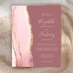 Budget Blush Gold Agate Rose Wedding Invitation