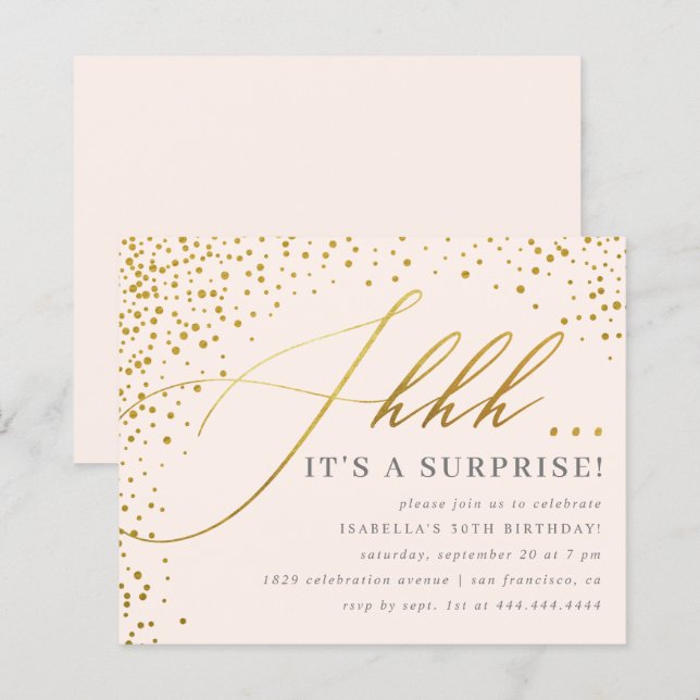 Budget Blush & Gold Confetti Script Surprise Party (Front/Back)