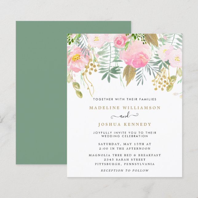 Budget Blush Gold Floral Bridal Shower Invitation (Front/Back)