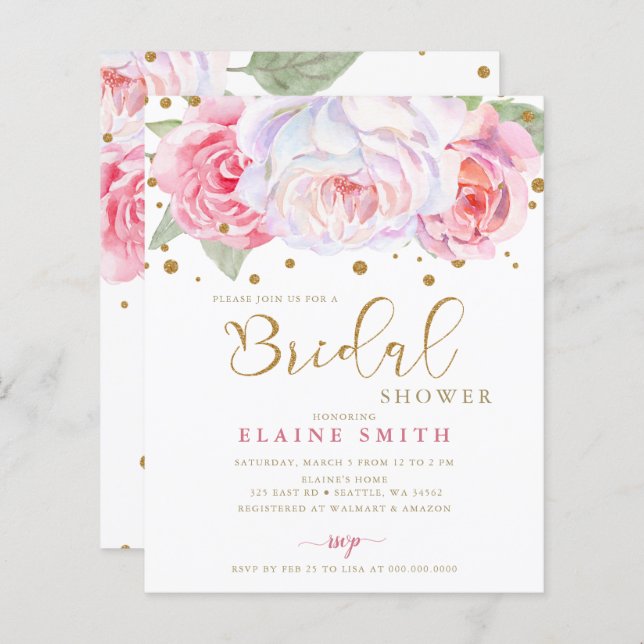 Budget Blush Gold Floral Bridal Shower Invitation (Front/Back)