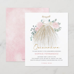Budget Blush gold glitter Dress Quinceañera Invite