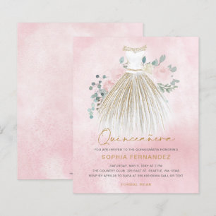 Budget Blush gold glitter Dress Quinceañera Invite