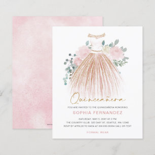 Budget Blush gold glitter Dress Quinceañera Invite