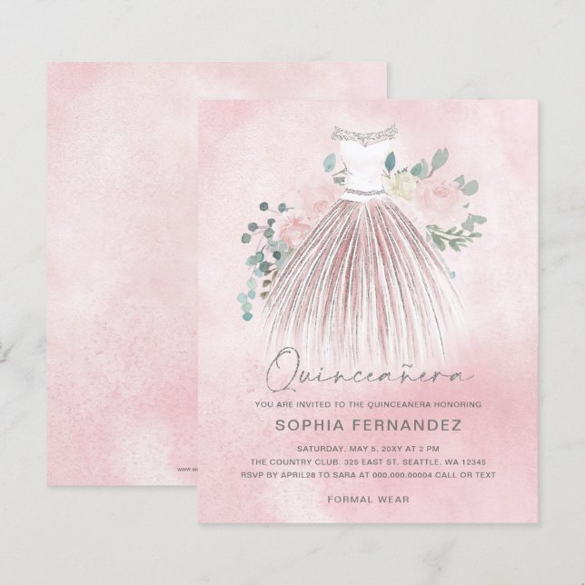 Budget Blush gold glitter Dress Quinceañera Invite (Front/Back)