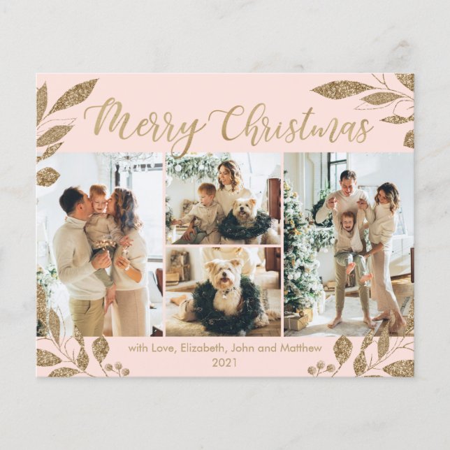 Budget Blush Gold Leaves Photo Christmas Card (Front)