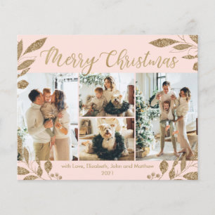 Budget Blush Gold Leaves Photo Christmas Card