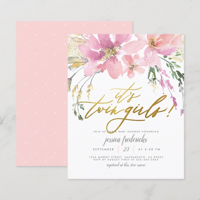 Budget Blush Gold Twin Girls Floral Baby Shower (Front/Back)