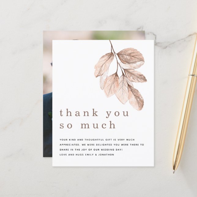 Budget Blush Leaves Newlywed Photo Thank You (Front/Back In Situ)