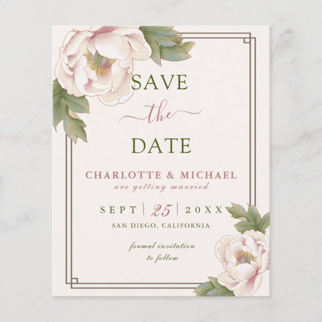 BUDGET Blush Peony Floral Wedding Save the Date Flyer (Front)