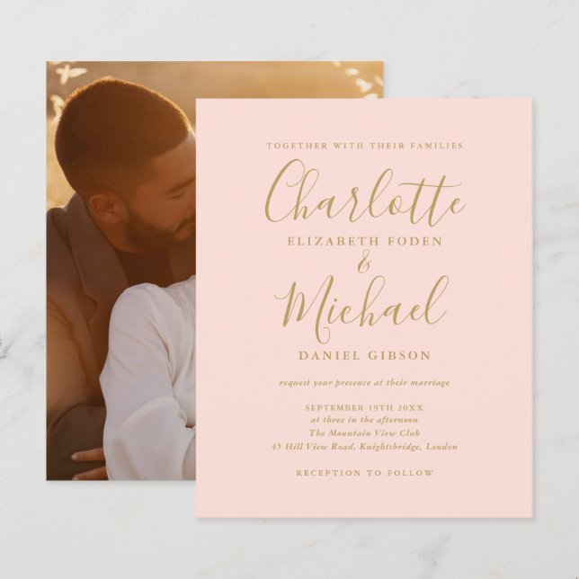 Budget Blush Pink And Gold Photo Wedding Invite (Front/Back)