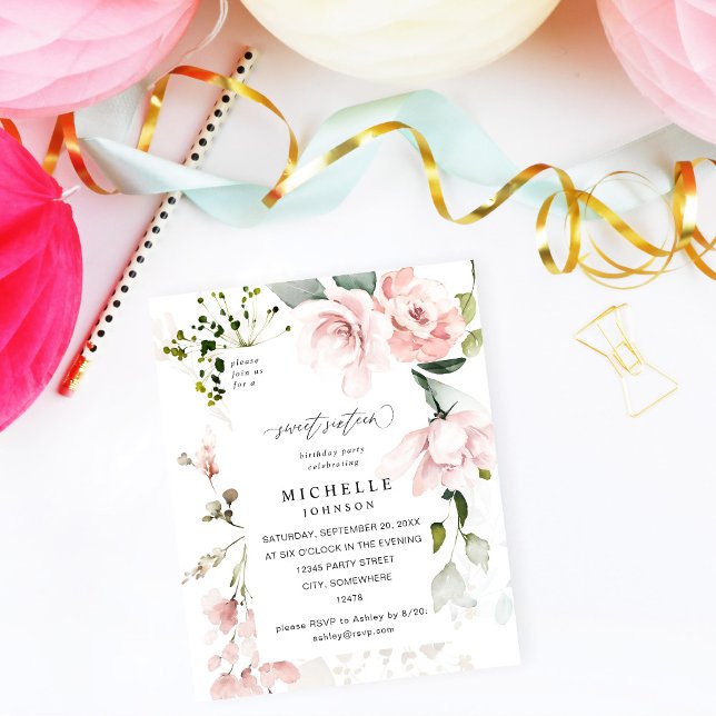 Budget Blush Pink & Eucalyptus Floral Sweet 16 2 Flyer (Creator Uploaded)