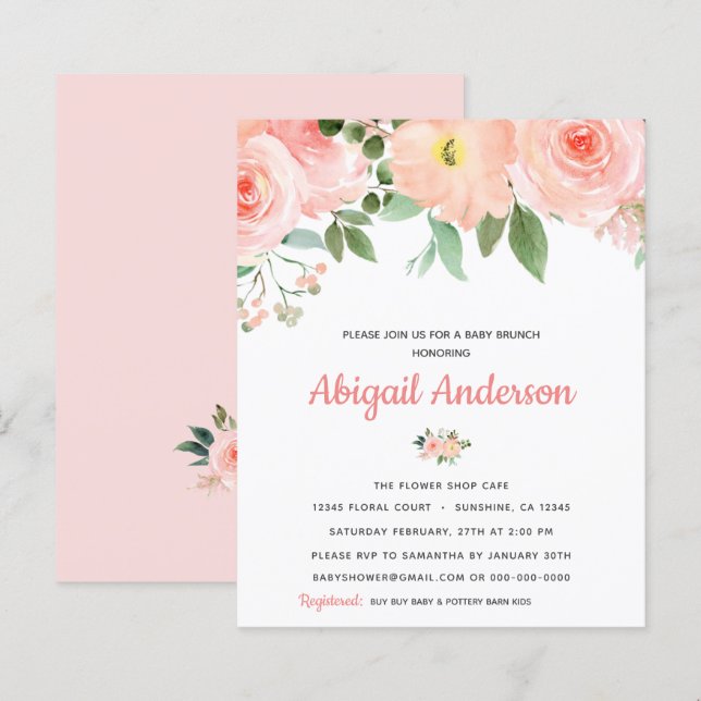 Budget Blush Pink Floral Baby Brunch Invitation (Front/Back)