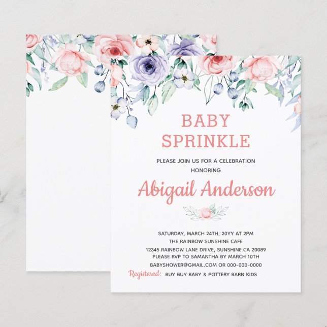 Budget Blush Pink Floral Baby Sprinkle Invitation (Front/Back)