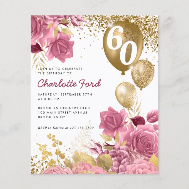 Budget Blush Pink Floral Gold Balloon Birthday (Front)