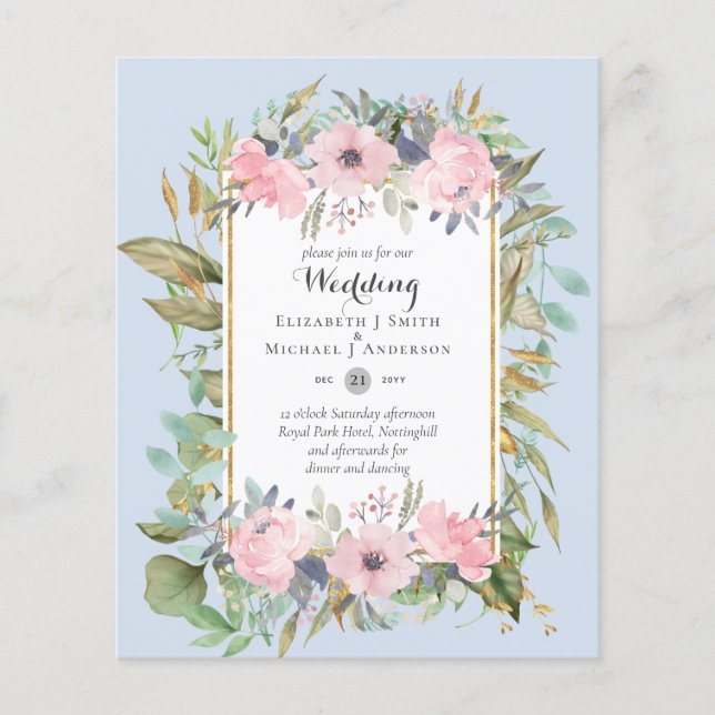 BUDGET Blush Pink Floral Greenery Wedding Invites Flyer (Front)
