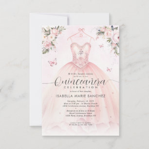 Budget Blush Pink Floral Princess Gown Quinceanera Card