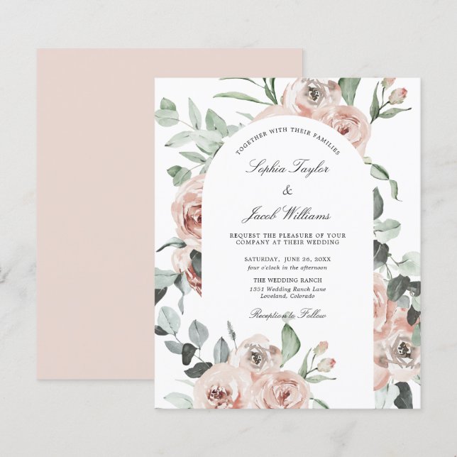 Budget Blush Pink Floral Roses Wedding Invitation (Front/Back)
